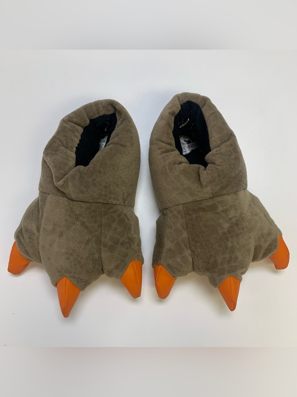 Kids Plush Dino Claw Slippers in Olive Green with Orange Claws